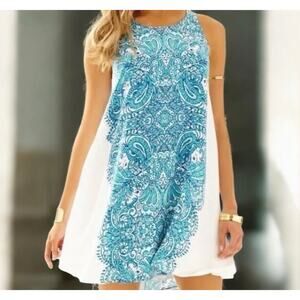 Lilly Pulitzer Sz XS Wright Trapeze Tank Mini Dress White Turquoise Tipsy Tusks